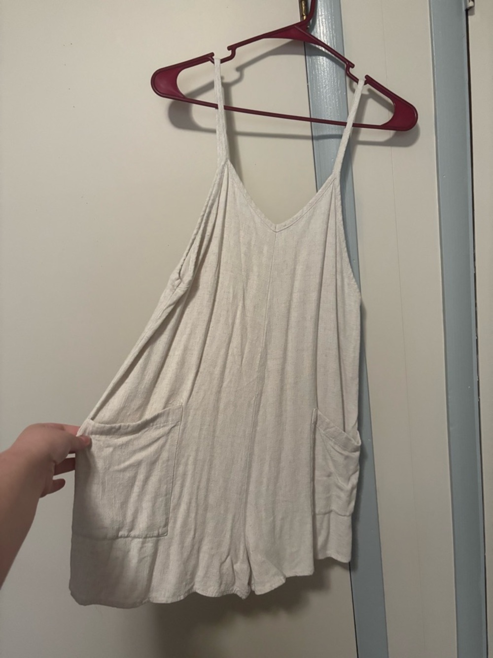 Carly Jean Los Angeles Cream Spaghetti-Strap Pocket Romper